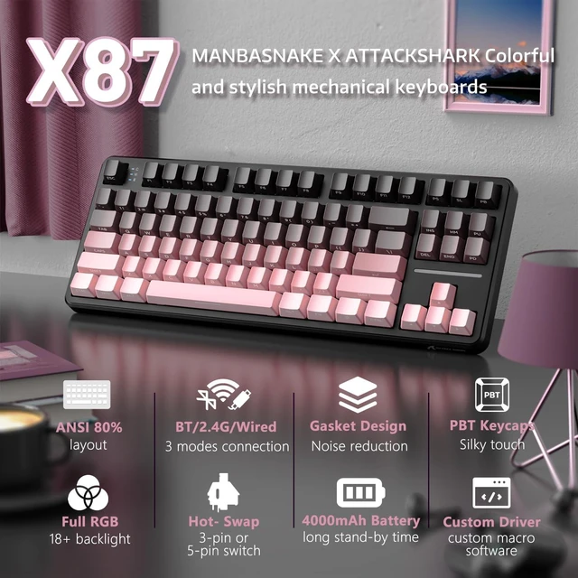Alt view image 2 of 7 - MANBASNAKE X Attack Shark X87 Wireless Mechanical Keyboard, Hot Swappable Gasket Custom RGB Backlit Gaming Keyboard,Bluetooth/2.4GHz/USB-C with 4000mAh Battery (Black and Pink)