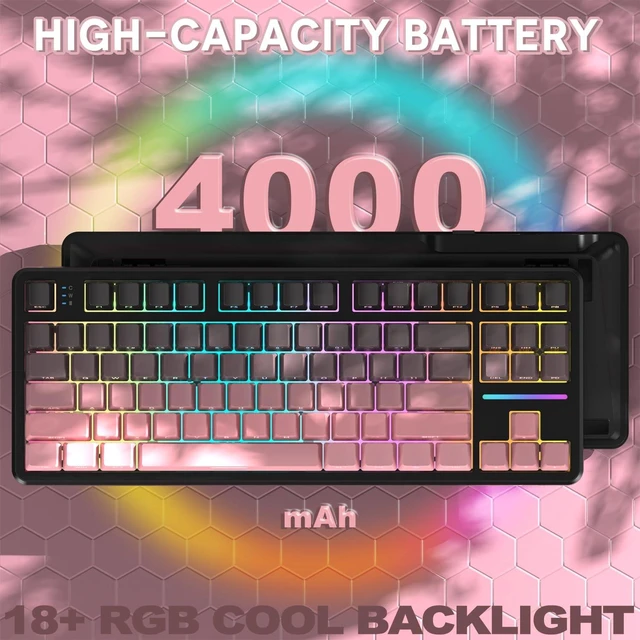 Alt view image 4 of 7 - MANBASNAKE X Attack Shark X87 Wireless Mechanical Keyboard, Hot Swappable Gasket Custom RGB Backlit Gaming Keyboard,Bluetooth/2.4GHz/USB-C with 4000mAh Battery (Black and Pink)