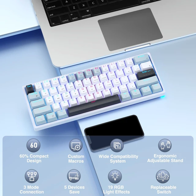 Alt view image 2 of 6 - SK961 Wireless Mechanical Keyboard with RGB Backlight,Tri-Mode BT5.0/Wired/2.4GHz 60 Percent Wireless Gaming Keyboard,Red Switch