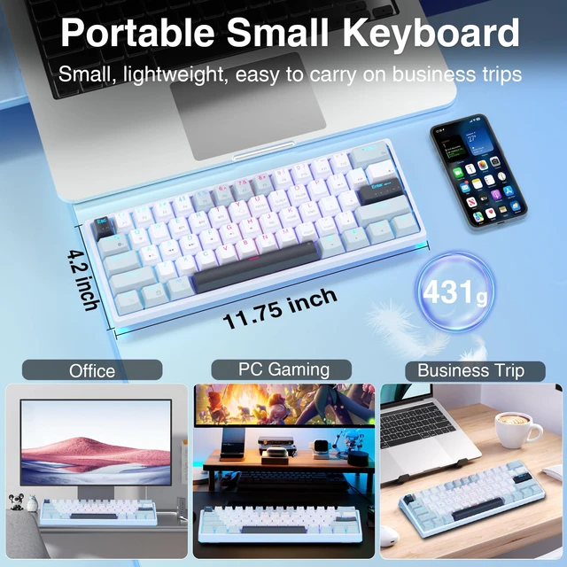 Alt view image 4 of 6 - SK961 Wireless Mechanical Keyboard with RGB Backlight,Tri-Mode BT5.0/Wired/2.4GHz 60 Percent Wireless Gaming Keyboard,Red Switch