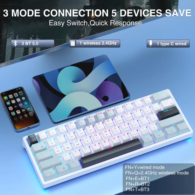 Alt view image 3 of 6 - SK961 Wireless Mechanical Keyboard with RGB Backlight,Tri-Mode BT5.0/Wired/2.4GHz 60 Percent Wireless Gaming Keyboard,Red Switch