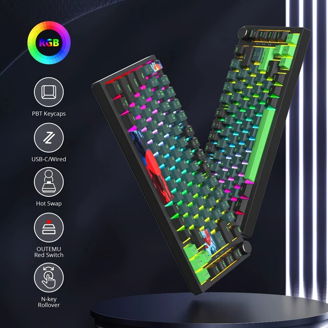 Alt view image 4 of 7 - Fogruaden Wired 75% Percent Mechanical Keyboard Hot Swappable, Red Switch, RGB Backlit, 82 Keys TKL Mechanical Keyboard, NKRO Compact Gaming Keyboard, Volume Control Knob (Soundwave)