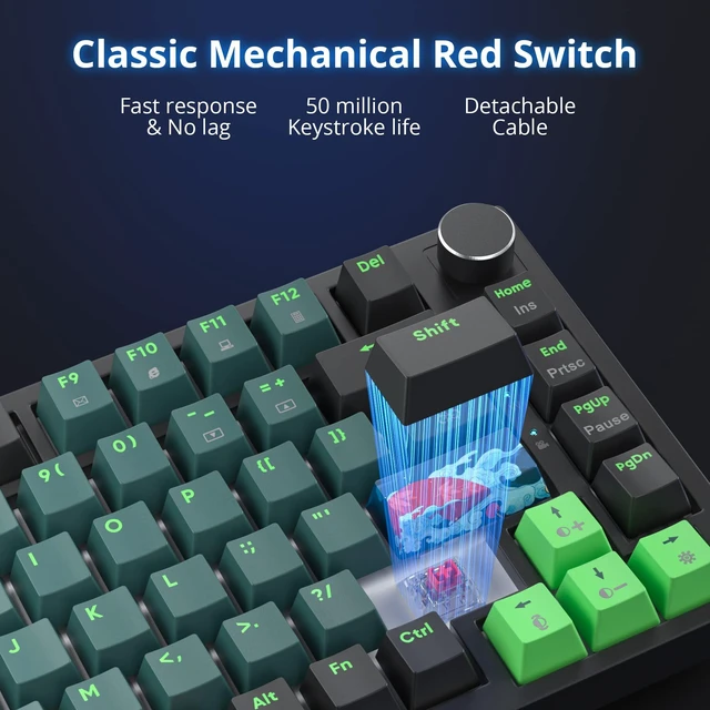 Alt view image 5 of 7 - Fogruaden Wired 75% Percent Mechanical Keyboard Hot Swappable, Red Switch, RGB Backlit, 82 Keys TKL Mechanical Keyboard, NKRO Compact Gaming Keyboard, Volume Control Knob (Soundwave)