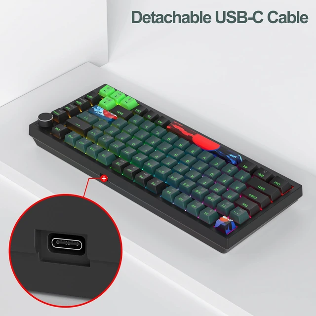 Alt view image 6 of 7 - Fogruaden Wired 75% Percent Mechanical Keyboard Hot Swappable, Red Switch, RGB Backlit, 82 Keys TKL Mechanical Keyboard, NKRO Compact Gaming Keyboard, Volume Control Knob (Soundwave)