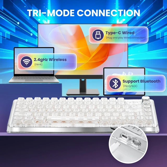 Alt view image 2 of 7 - MMViCTY75% HotSwappable TriMode Mechanical Keyboard, Wireless BT 5.0 2.4G USBC Gaming Keyboard with Volume Knob, PreLubed Linear Switch, RGB Backlit Metal Shell Compact Keyboard for PC Mac Gamers