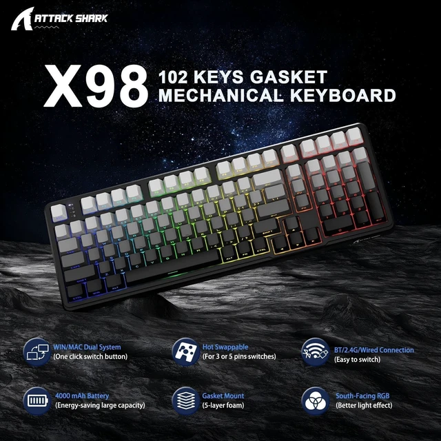 Alt view image 2 of 7 - ATTACK SHARK X98 Wireless Mechanical Keyboard,RGB Backlit,Tri-Mode BT5.0/2.4GHz/USB-C Hot-Swappable,PBT Keycaps,Pre-lubed Linear Switches Computer Gaming Keyboard for PC/Tablet/PS5/Xbox