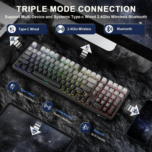 Alt view image 3 of 7 - ATTACK SHARK X98 Wireless Mechanical Keyboard,RGB Backlit,Tri-Mode BT5.0/2.4GHz/USB-C Hot-Swappable,PBT Keycaps,Pre-lubed Linear Switches Computer Gaming Keyboard for PC/Tablet/PS5/Xbox