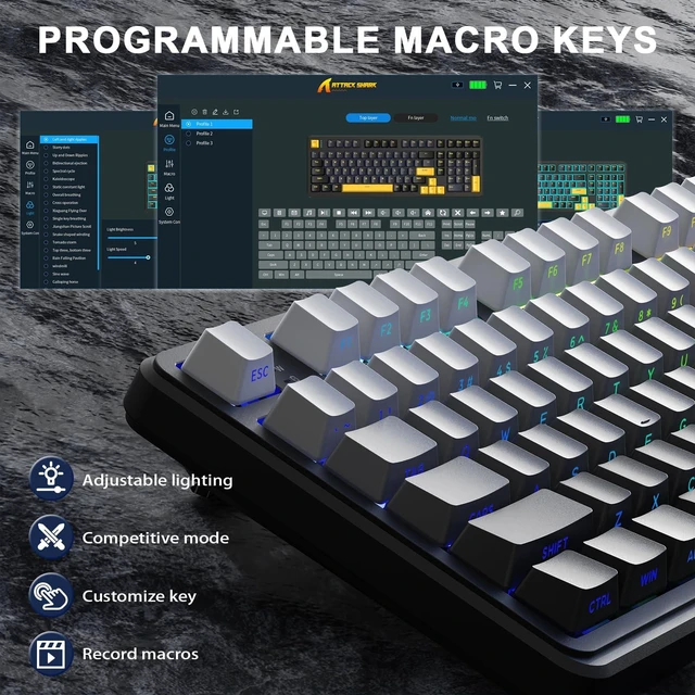 Alt view image 7 of 7 - ATTACK SHARK X98 Wireless Mechanical Keyboard,RGB Backlit,Tri-Mode BT5.0/2.4GHz/USB-C Hot-Swappable,PBT Keycaps,Pre-lubed Linear Switches Computer Gaming Keyboard for PC/Tablet/PS5/Xbox