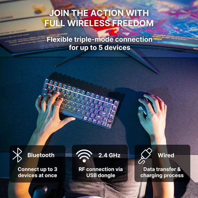 Alt view image 4 of 6 - Xtrfy Cherry K33 Compact Wireless, 75% Mem-chanical Gaming Keyboard, Multi Device, Bluetooth, 2.4 GHz & Wired Mode, RGB-Lighting, IP54 Dust & Splash-Resistant (Black)