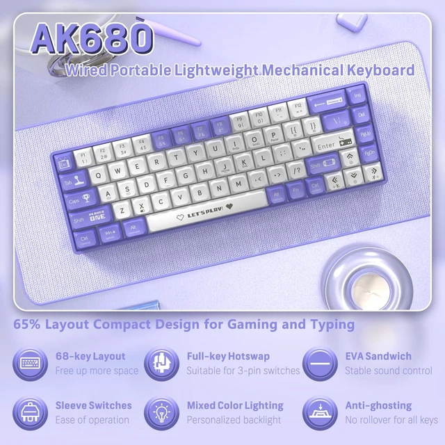 Alt view image 2 of 7 - ATTACK SHARK AK680 65% Wired Mechanical Gaming Keyboard,Hot-Swappable,RGB Rainbow Backlit,UV Printing and EVA Sound Control,Fully Anti-Ghosting,Programmable,Blue Switch for Windows/Mac Purple&White