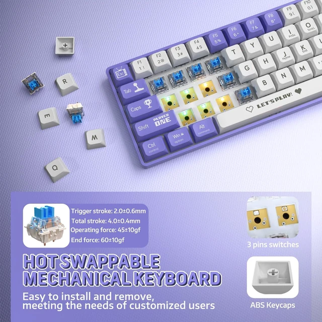 Alt view image 4 of 7 - ATTACK SHARK AK680 65% Wired Mechanical Gaming Keyboard,Hot-Swappable,RGB Rainbow Backlit,UV Printing and EVA Sound Control,Fully Anti-Ghosting,Programmable,Blue Switch for Windows/Mac Purple&White