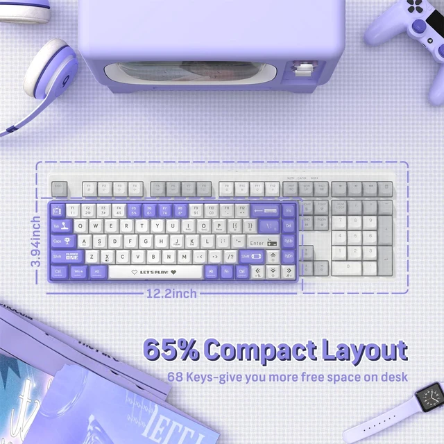 Alt view image 3 of 7 - ATTACK SHARK AK680 65% Wired Mechanical Gaming Keyboard,Hot-Swappable,RGB Rainbow Backlit,UV Printing and EVA Sound Control,Fully Anti-Ghosting,Programmable,Blue Switch for Windows/Mac Purple&White