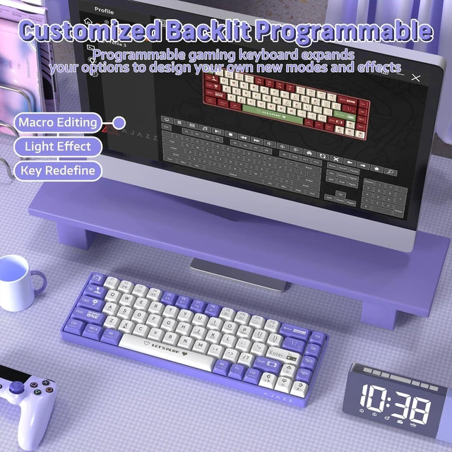 Alt view image 7 of 7 - ATTACK SHARK AK680 65% Wired Mechanical Gaming Keyboard,Hot-Swappable,RGB Rainbow Backlit,UV Printing and EVA Sound Control,Fully Anti-Ghosting,Programmable,Blue Switch for Windows/Mac Purple&White