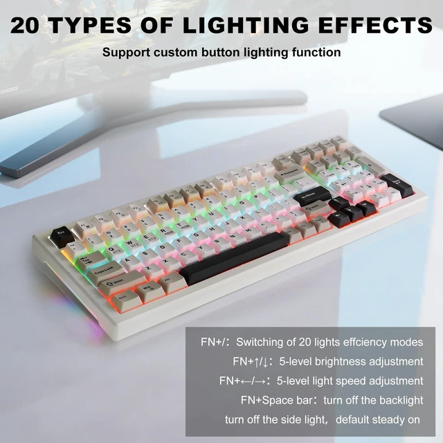 Alt view image 3 of 7 - Gaozen Wireless Game Mechanical Keyboard BT5.0/2.4GHz/USB, Multi-Color LED with 18+ Modes, Hot-Swappable Custom Keyboard, Red Creamy Switches, Gaming Keyboard for PC/Mac (Black White)