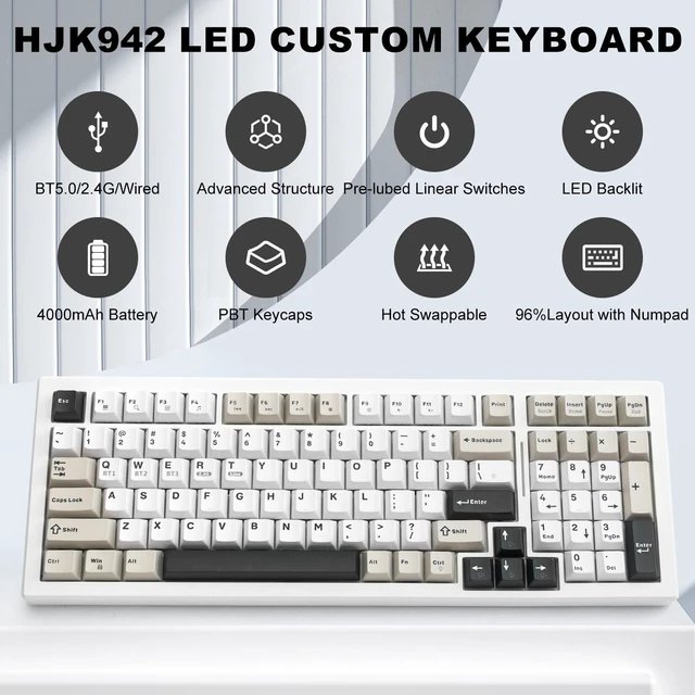Alt view image 7 of 7 - Gaozen Wireless Game Mechanical Keyboard BT5.0/2.4GHz/USB, Multi-Color LED with 18+ Modes, Hot-Swappable Custom Keyboard, Red Creamy Switches, Gaming Keyboard for PC/Mac (Black White)