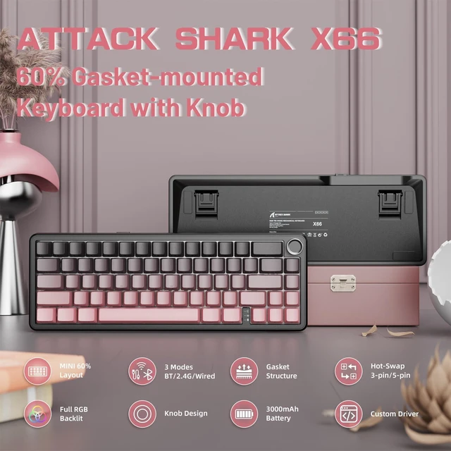 Alt view image 2 of 7 - ATTACK SHARK X66 60% Wireless Mechanical Gaming Keyboard with Knob,Gasket Hot Swappable Custom Keyboard,Side Printed PBT Keycaps,Tri Mode USB-C/BT5.0/2.4G RGB Keyboard with Coiled Cable - BlackBerry