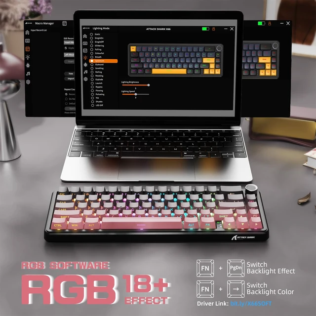 Alt view image 7 of 7 - ATTACK SHARK X66 60% Wireless Mechanical Gaming Keyboard with Knob,Gasket Hot Swappable Custom Keyboard,Side Printed PBT Keycaps,Tri Mode USB-C/BT5.0/2.4G RGB Keyboard with Coiled Cable - BlackBerry