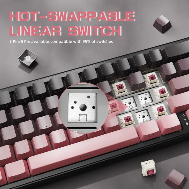 Alt view image 6 of 7 - ATTACK SHARK X66 60% Wireless Mechanical Gaming Keyboard with Knob,Gasket Hot Swappable Custom Keyboard,Side Printed PBT Keycaps,Tri Mode USB-C/BT5.0/2.4G RGB Keyboard with Coiled Cable - BlackBerry