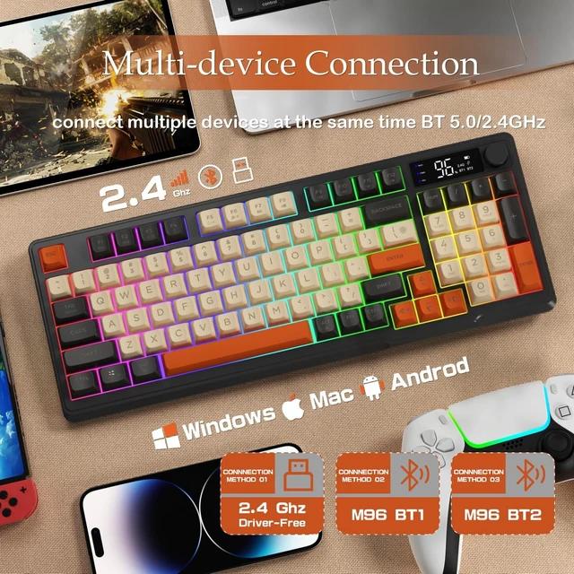 Alt view image 4 of 7 - ZIYOU LANG M96 Wireless Gaming Silent Creamy 94Keys ANSI Membrane Keyboard | LCD Display Screen Media Knob Number Pad Dual Mode Bluetooth/2.4Ghz Rainbow Backlight Ball Shape PBT Keycap for PC Win/Mac