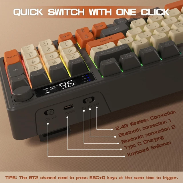 Alt view image 5 of 7 - ZIYOU LANG M96 Wireless Gaming Silent Creamy 94Keys ANSI Membrane Keyboard | LCD Display Screen Media Knob Number Pad Dual Mode Bluetooth/2.4Ghz Rainbow Backlight Ball Shape PBT Keycap for PC Win/Mac