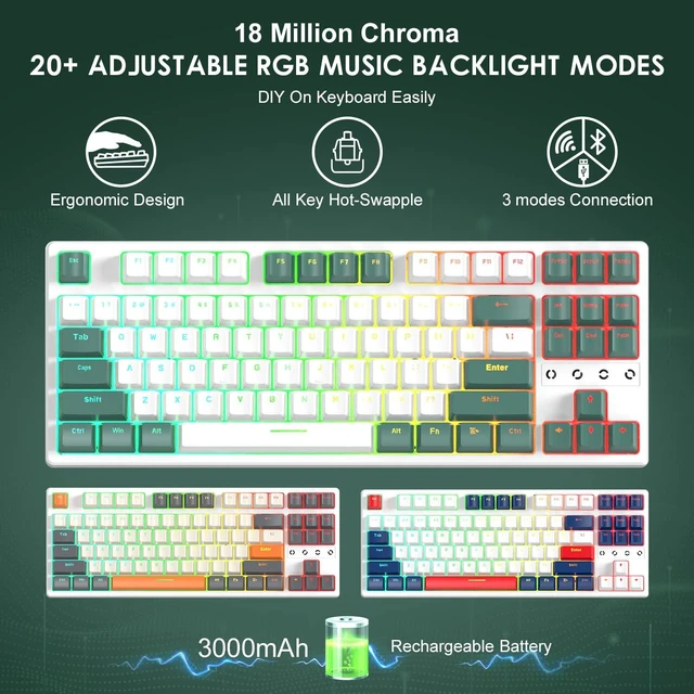 Alt view image 3 of 7 - ATTACK SHARK K87 Gaming Keyboard Wireless TKL Mechanical Keyboard,2.4G/BT 5.0/Wired Coiled Keyboard Cable,Hot Swappable Tactile Switch,Chroma RGB,3000 mAh Rechargeable Battery for Windows Mac