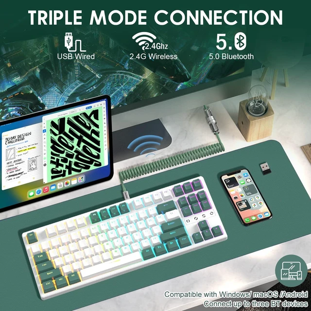 Alt view image 4 of 7 - ATTACK SHARK K87 Gaming Keyboard Wireless TKL Mechanical Keyboard,2.4G/BT 5.0/Wired Coiled Keyboard Cable,Hot Swappable Tactile Switch,Chroma RGB,3000 mAh Rechargeable Battery for Windows Mac