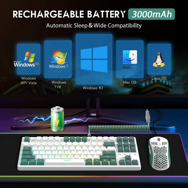 Alt view image 7 of 7 - ATTACK SHARK K87 Gaming Keyboard Wireless TKL Mechanical Keyboard,2.4G/BT 5.0/Wired Coiled Keyboard Cable,Hot Swappable Tactile Switch,Chroma RGB,3000 mAh Rechargeable Battery for Windows Mac