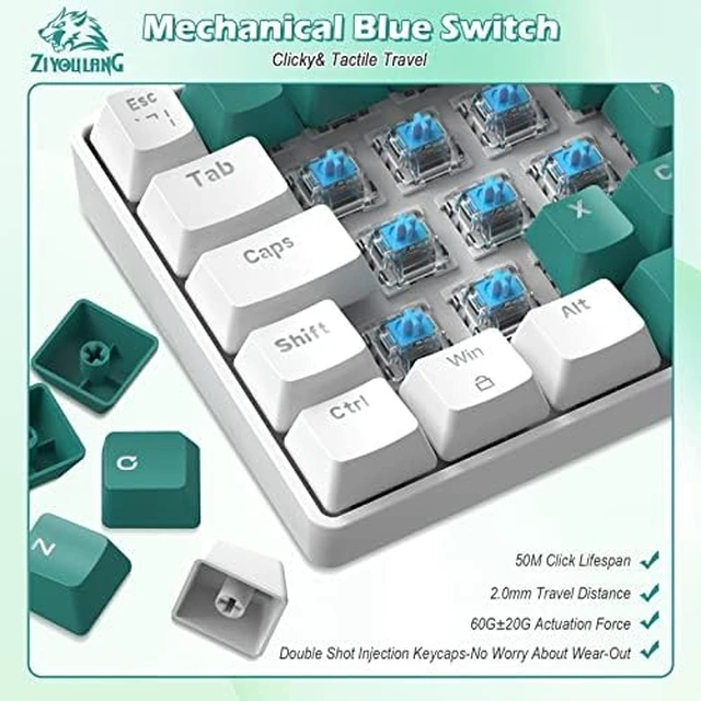 Alt view image 4 of 7 - ZIYOU LANG RK-T60 Wired Mechanical Gaming Keyboard Mini Portable with Rainbow Backlit 62Key ABS Keycaps Full Anti-Ghosting Ergonomic Design Coiled Aviator Cable for PS4/PC/WIN Gamer(Green/Blue Switch