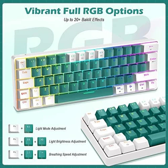 Alt view image 5 of 7 - ZIYOU LANG RK-T60 Wired Mechanical Gaming Keyboard Mini Portable with Rainbow Backlit 62Key ABS Keycaps Full Anti-Ghosting Ergonomic Design Coiled Aviator Cable for PS4/PC/WIN Gamer(Green/Blue Switch