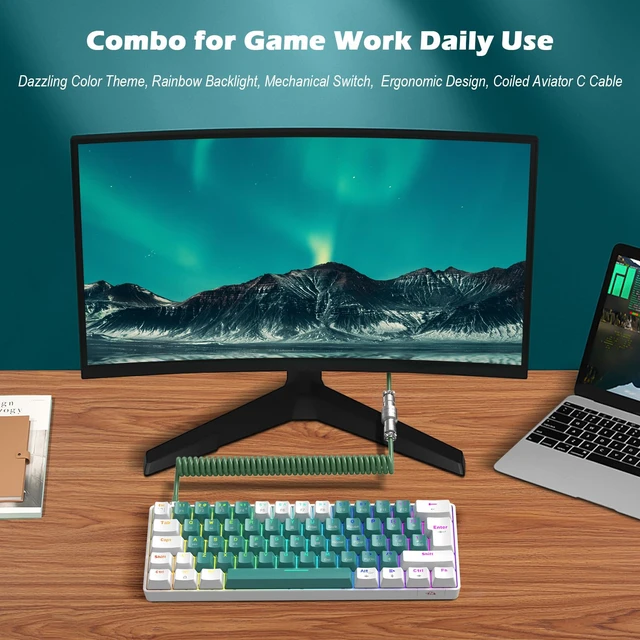 Alt view image 6 of 7 - ZIYOU LANG RK-T60 Wired Mechanical Gaming Keyboard Mini Portable with Rainbow Backlit 62Key ABS Keycaps Full Anti-Ghosting Ergonomic Design Coiled Aviator Cable for PS4/PC/WIN Gamer(Green/Blue Switch