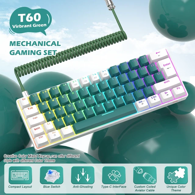 Alt view image 2 of 7 - ZIYOU LANG RK-T60 Wired Mechanical Gaming Keyboard Mini Portable with Rainbow Backlit 62Key ABS Keycaps Full Anti-Ghosting Ergonomic Design Coiled Aviator Cable for PS4/PC/WIN Gamer(Green/Blue Switch