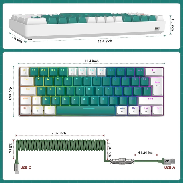 Alt view image 7 of 7 - ZIYOU LANG RK-T60 Wired Mechanical Gaming Keyboard Mini Portable with Rainbow Backlit 62Key ABS Keycaps Full Anti-Ghosting Ergonomic Design Coiled Aviator Cable for PS4/PC/WIN Gamer(Green/Blue Switch