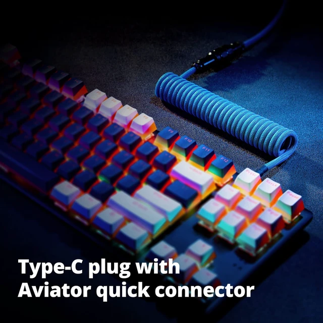 Alt view image 4 of 7 - GUNMJO Pro Custom Coiled USB C Cable for Gaming Keyboard, Double-Sleeved Mechanical Keyboard Cable with Detachable Metal Aviator, 1.5M USB-C to USB-A, Blue Color