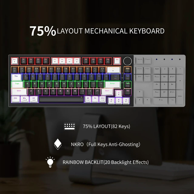 Alt view image 5 of 7 - GM326 Mechanical Keyboard,75% Percent Gaming Keyboard,Wired Keyboard | Mechanical Keyboard,75% Percent Gaming Keyboard,Wired,Backlit,Hot Swappable,Compact,White/Black,PC Keyboards,Knob,Red Switch