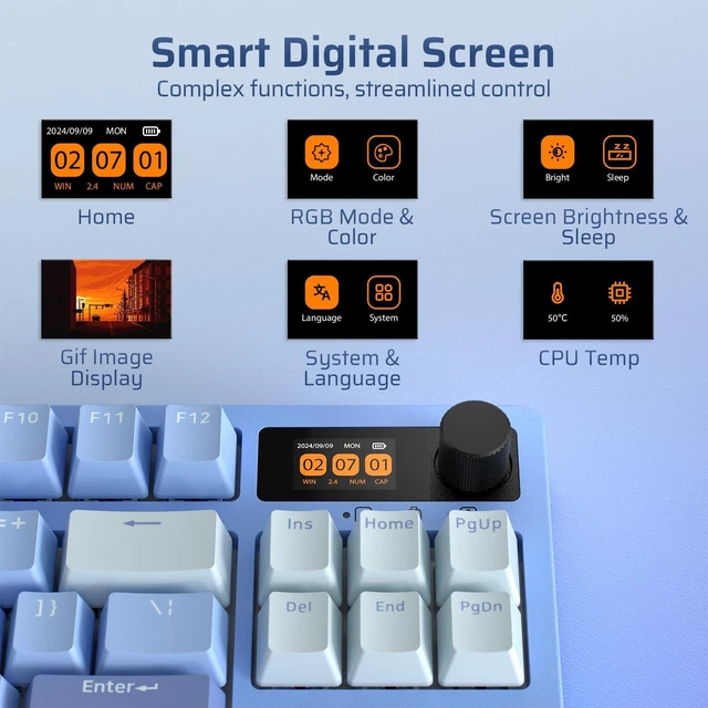 Alt view image 4 of 7 - LTC Nimbleback NB841 PRO 75% Wireless Mechanical Keyboard w/Display Screen & Knob, 2.4G/ BT/USB-C RGB 84 Keys Gaming Keyboard, 3-Layer Dampener, Hot Swap PCB, Software Support, Linear Switch