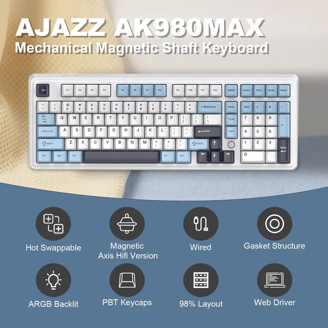Alt view image 2 of 7 - Ajazz AK980MAX Wired Magnetic Axis Mechanical Keyboard, 98% Hot-Swappable Custom Keyboard with RGB Backlighting, Pre-Lubricated Switches, PBT Keycaps, Suitable for MAC/Win/Visa/PC