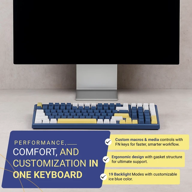 Alt view image 6 of 6 - Qisan Wireless/Wired Mechanical Gaming Keyboard, Triple Mode 2.4G/USB-C/BT (98%) Wireless Mechanical Keyboard with US Layout | Brown Switch Rechargeable RGB Backlit Keyboards for Gaming, Blue & White