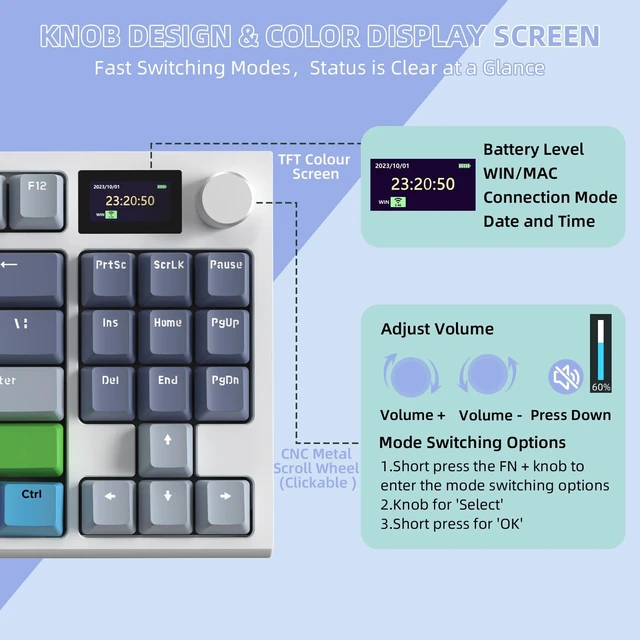 Alt view image 3 of 7 - ATTACK SHARK K86 Wireless Mechanical Keyboard with 1.2" TFT Color Display & CNC Knob,Hot Swappable RGB Backlit,2.4GHz/BT/Wired Modes,Customizable Blue Whale Switch,PBT Keycaps for WIN/MAC (Lavender)