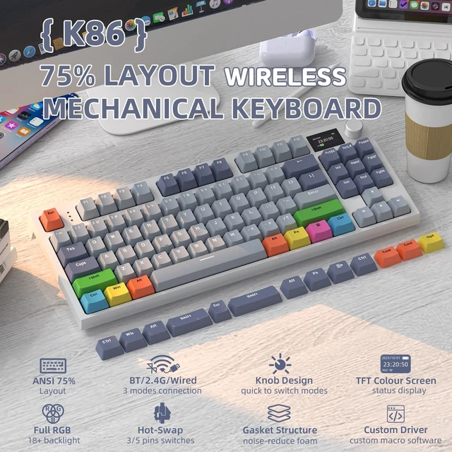 Alt view image 2 of 7 - ATTACK SHARK K86 Wireless Mechanical Keyboard with 1.2" TFT Color Display & CNC Knob,Hot Swappable RGB Backlit,2.4GHz/BT/Wired Modes,Customizable Blue Whale Switch,PBT Keycaps for WIN/MAC (Lavender)
