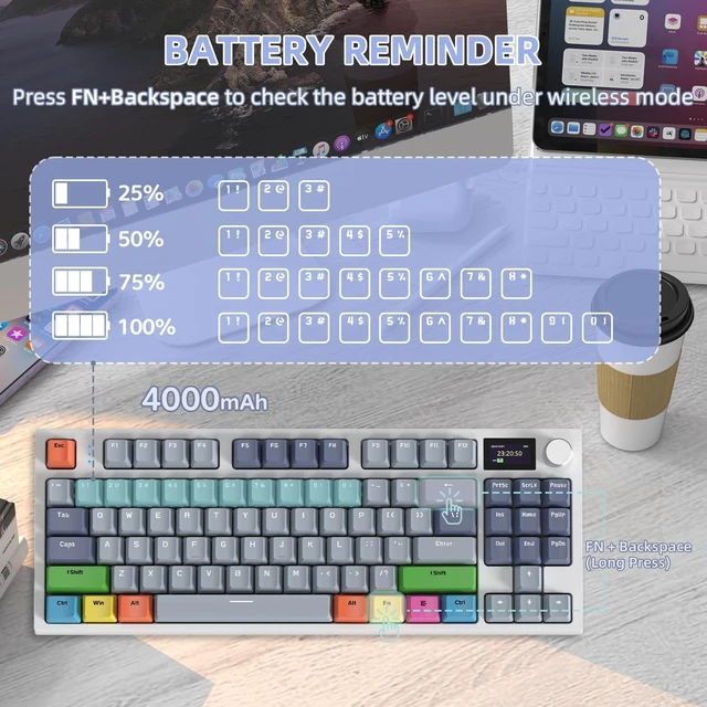 Alt view image 6 of 7 - ATTACK SHARK K86 Wireless Mechanical Keyboard with 1.2" TFT Color Display & CNC Knob,Hot Swappable RGB Backlit,2.4GHz/BT/Wired Modes,Customizable Blue Whale Switch,PBT Keycaps for WIN/MAC (Lavender)
