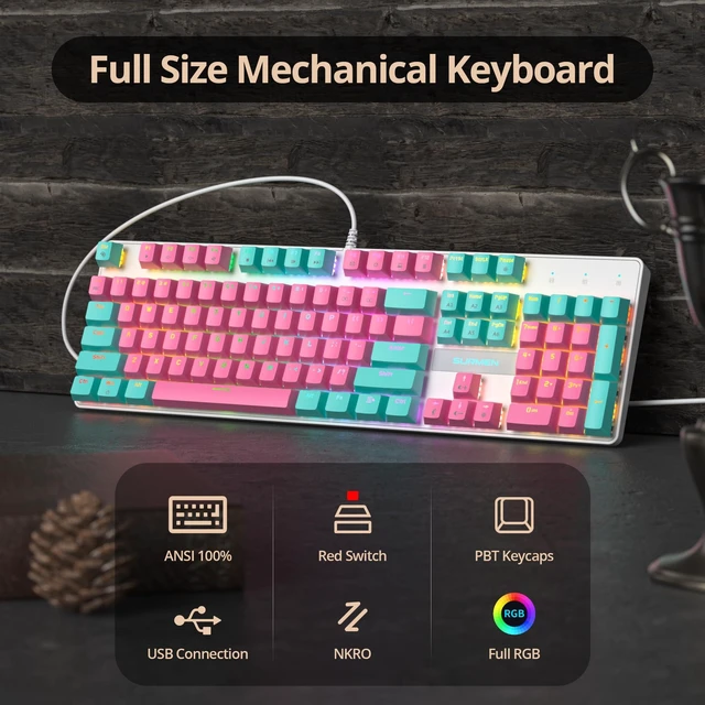 Alt view image 2 of 7 - Ussixchare Full Size Mechanical Keyboard, Creamy Keyboard with Number Pad, 104 Keys Wired Gaming Keyboard, Pink Keyboard with Red Switch, RGB Backlit for PC Laptop(Miami)