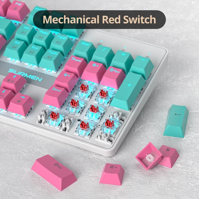Alt view image 3 of 7 - Ussixchare Full Size Mechanical Keyboard, Creamy Keyboard with Number Pad, 104 Keys Wired Gaming Keyboard, Pink Keyboard with Red Switch, RGB Backlit for PC Laptop(Miami)