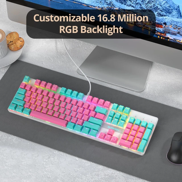 Alt view image 5 of 7 - Ussixchare Full Size Mechanical Keyboard, Creamy Keyboard with Number Pad, 104 Keys Wired Gaming Keyboard, Pink Keyboard with Red Switch, RGB Backlit for PC Laptop(Miami)