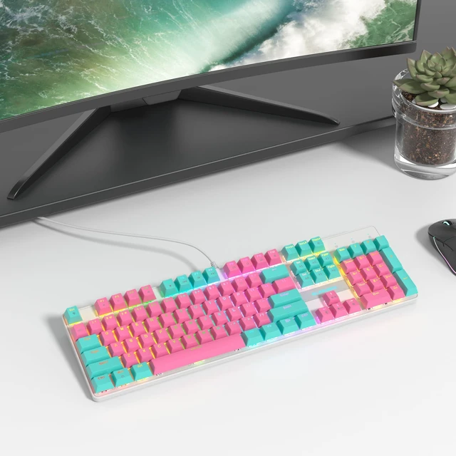 Alt view image 7 of 7 - Ussixchare Full Size Mechanical Keyboard, Creamy Keyboard with Number Pad, 104 Keys Wired Gaming Keyboard, Pink Keyboard with Red Switch, RGB Backlit for PC Laptop(Miami)