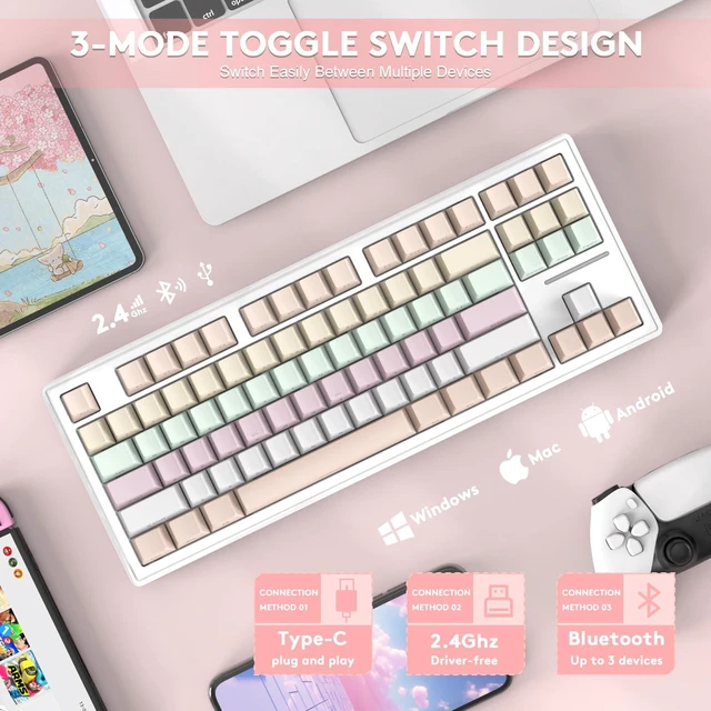 Alt view image 2 of 7 - ATTACK SHARK Wireless Gaming Keyboard,Triple Mode-BT5.0/2.4GHz/Wired,RGB Chroma Backlit,TKL Gasket Mechanical Keyboard with Custom White Linear Switch,Side Print Gradient Pink PBT Keycaps