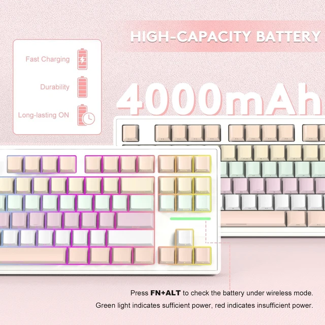 Alt view image 6 of 7 - ATTACK SHARK Wireless Gaming Keyboard,Triple Mode-BT5.0/2.4GHz/Wired,RGB Chroma Backlit,TKL Gasket Mechanical Keyboard with Custom White Linear Switch,Side Print Gradient Pink PBT Keycaps