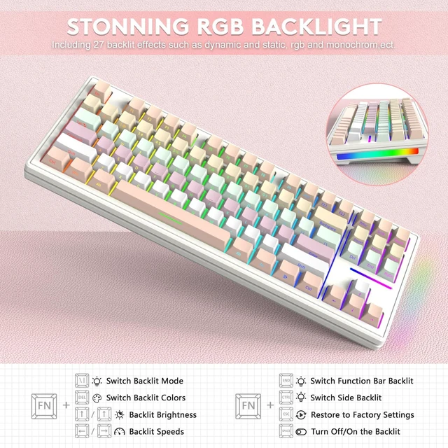 Alt view image 5 of 7 - ATTACK SHARK Wireless Gaming Keyboard,Triple Mode-BT5.0/2.4GHz/Wired,RGB Chroma Backlit,TKL Gasket Mechanical Keyboard with Custom White Linear Switch,Side Print Gradient Pink PBT Keycaps