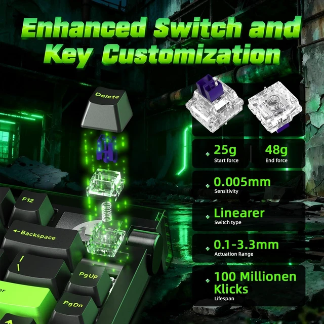 Alt view image 4 of 7 - ATTACK SHARK R85 HE 75% Magnetic Wired Gaming Keyboard,8KHz Polling Rate Rapid Trigger,0.005mm RT Precision,256K Scan Rate,Custom Hot-Swappable,Web Driver PC Keyboard for Gamer/Win/Mac,Neon Green