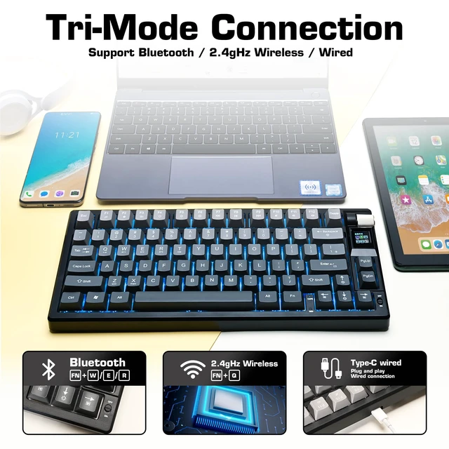 Alt view image 2 of 7 - MMViCTY 75% Tri-Mode Mechanical Keyboard, Bluetooth 5.1/2.4GHz Wireless/USB-C Wired, Hot Swappable Linear Red Switch, 18 RGB Backlit, TFT Screen, Compact Gaming Keyboard for Mac/Windows, Black Pink
