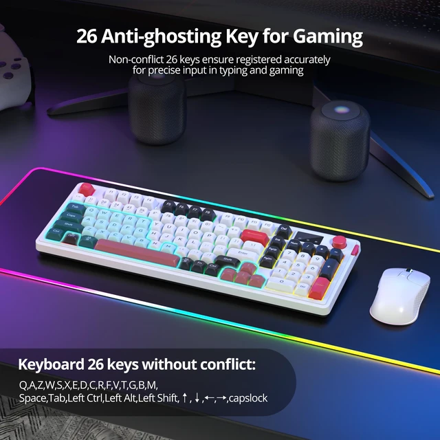 Alt view image 4 of 7 - Fogruaden 96% Wireless Quiet Silent Gaming Keyboard with Number Pad & Knob, Mechanical Feel, Spill-Resistant, Multimedia Keys, Wired/BT/2.4G, USB Rechargeable Membrane Computer Keyboard for Win/Mac